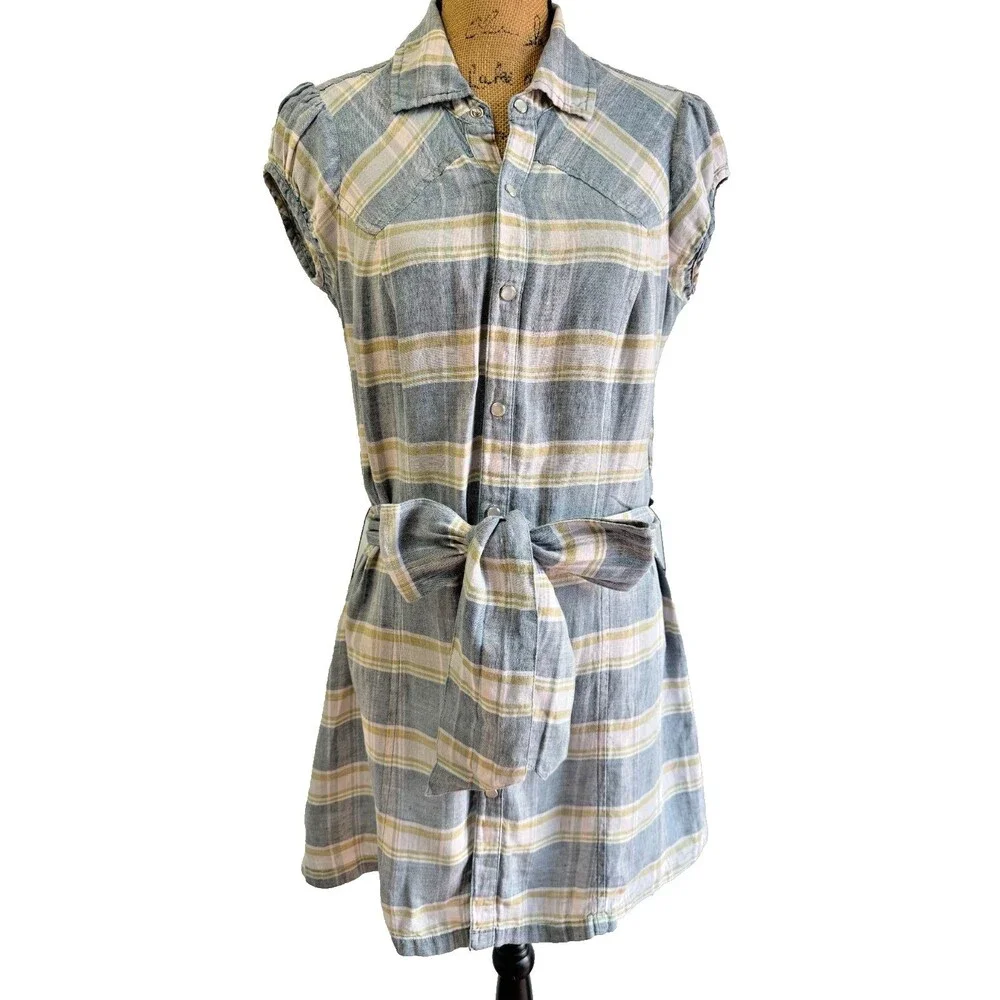 Buffalo David Bitton Plaid Shirt Dress Belted Snap Front Blue Beige Women's S